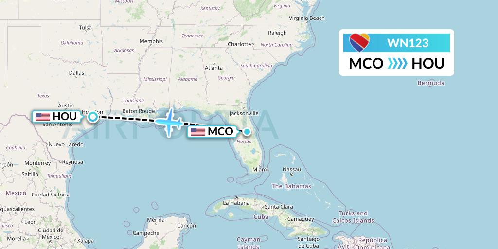 WN123 Southwest Airlines Flight Map: Orlando to Houston