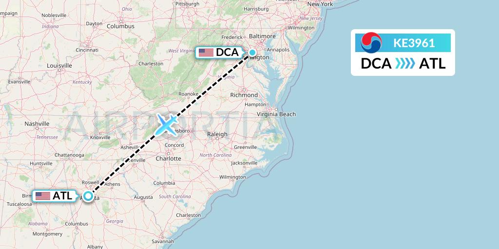 KE3961 Korean Air Flight Map: Washington to Atlanta