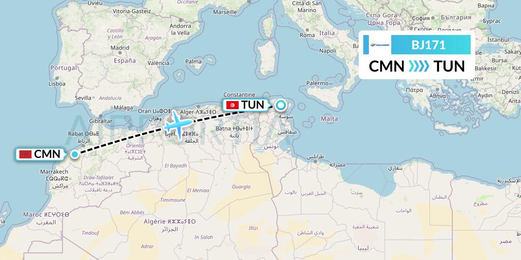 BJ171 Nouvelair Tunisie Flight Map: Casablanca to Tunis