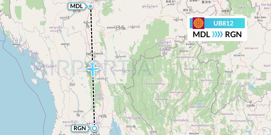 UB812 Myanmar National Airlines Flight Map: Mandalay to Yangon
