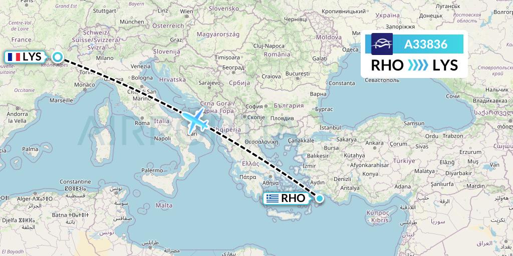 A33836 Aegean Airlines Flight Map: Rhodes to Lyon