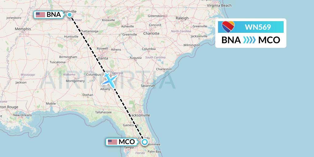 WN569 Southwest Airlines Flight Map: Nashville to Orlando
