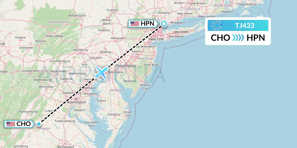 TJ433 Tradewind Aviation Flight Map: Charlottesville to White Plains