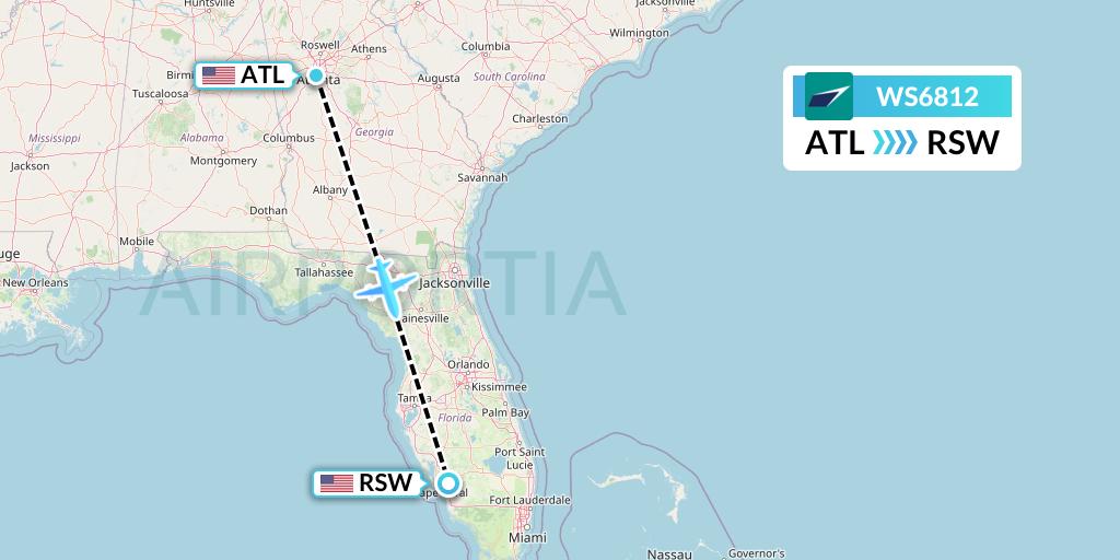 WS6812 WestJet Flight Map: Atlanta to Fort Myers
