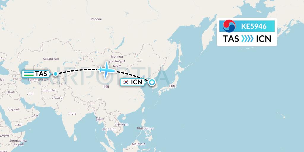 KE5946 Korean Air Flight Map: Tashkent to Seoul