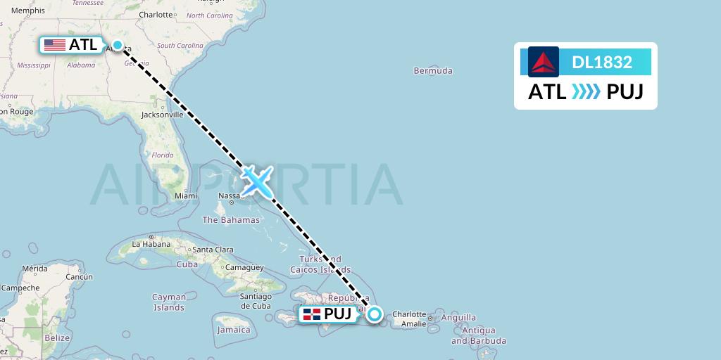 DL1832 Delta Air Lines Flight Map: Atlanta to Punta Cana