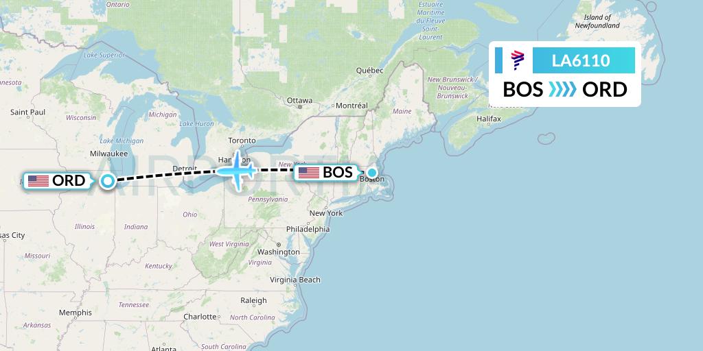 LA6110 LAN Airlines Flight Map: Boston to Chicago