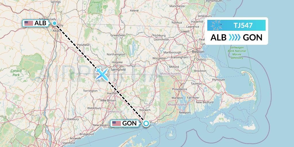TJ547 Tradewind Aviation Flight Map: Albany to New London