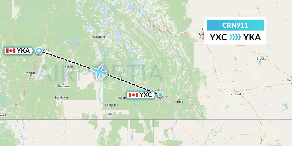 CRN911 Aerocaribbean Flight Map: Cranbrook to Kamloops