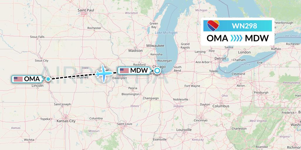 WN298 Southwest Airlines Flight Map: Omaha to Chicago