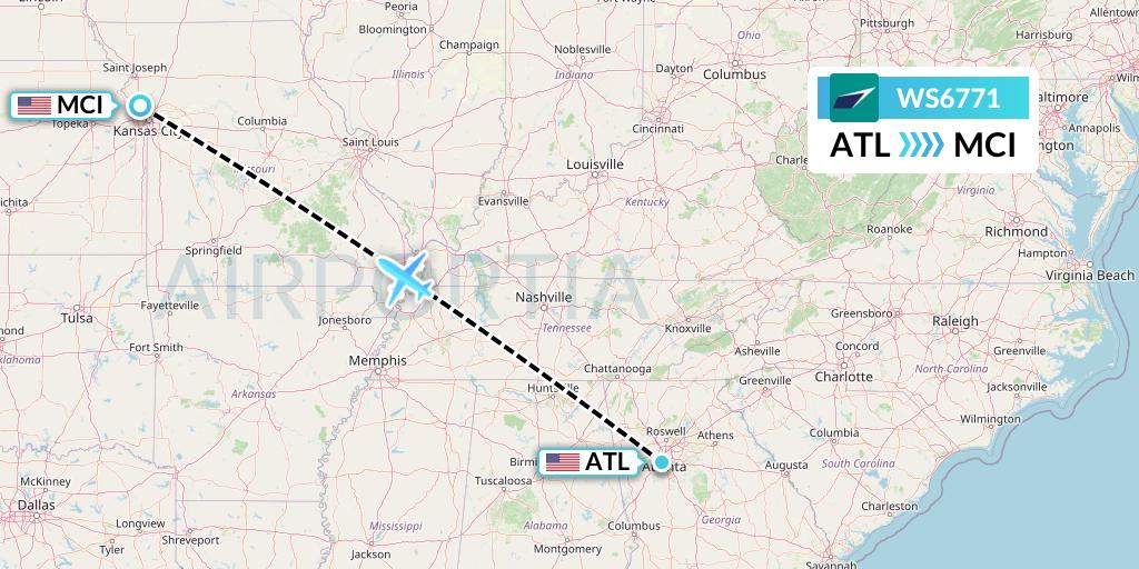WS6771 WestJet Flight Map: Atlanta to Kansas City