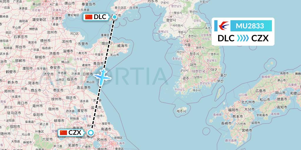 MU2833 China Eastern Airlines Flight Map: Dalian to Changzhou