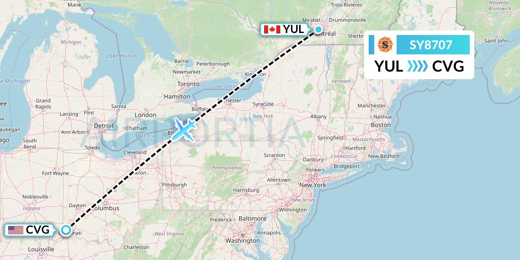 SY8707 Sun Country Airlines Flight Map: Montreal to Cincinnati