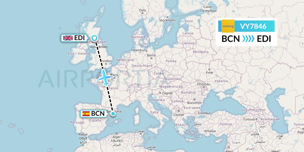 VY7846 Vueling Flight Map: Barcelona to Edinburgh