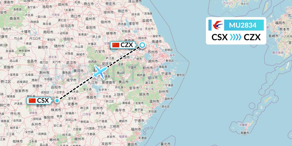 MU2834 China Eastern Airlines Flight Map: Changsha to Changzhou