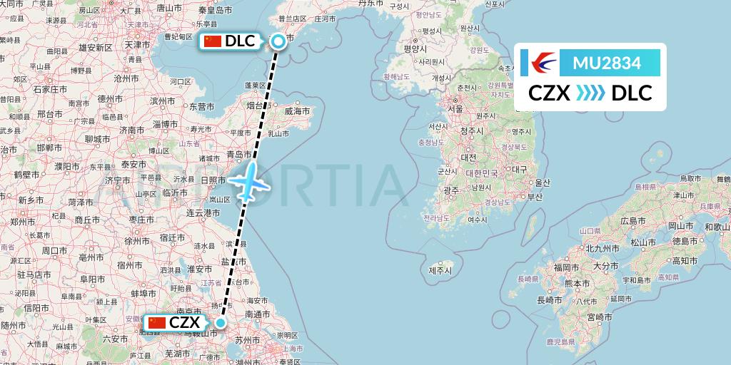MU2834 China Eastern Airlines Flight Map: Changzhou to Dalian