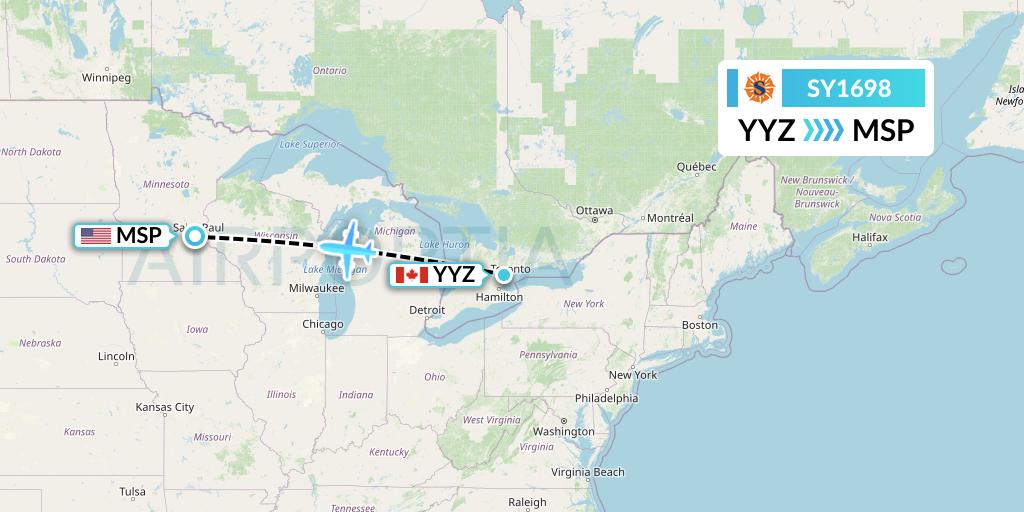 SY1698 Sun Country Airlines Flight Map: Toronto to Minneapolis