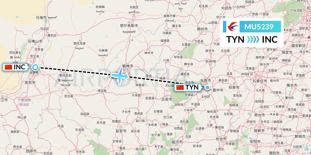 MU5239 China Eastern Airlines Flight Map: Taiyuan to Yinchuan