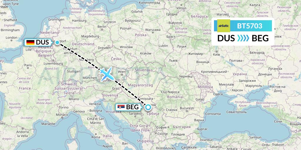 BT5703 Air Baltic Flight Map: Dusseldorf to Belgrade