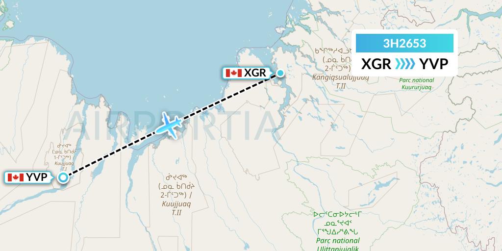 3H2653 Air Inuit Flight Map: Kangiqsualujjuaq to Kuujjuaq