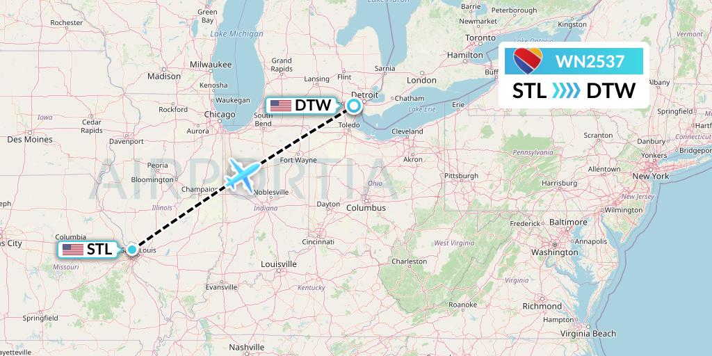 WN2537 Southwest Airlines Flight Map: St. Louis to Detroit