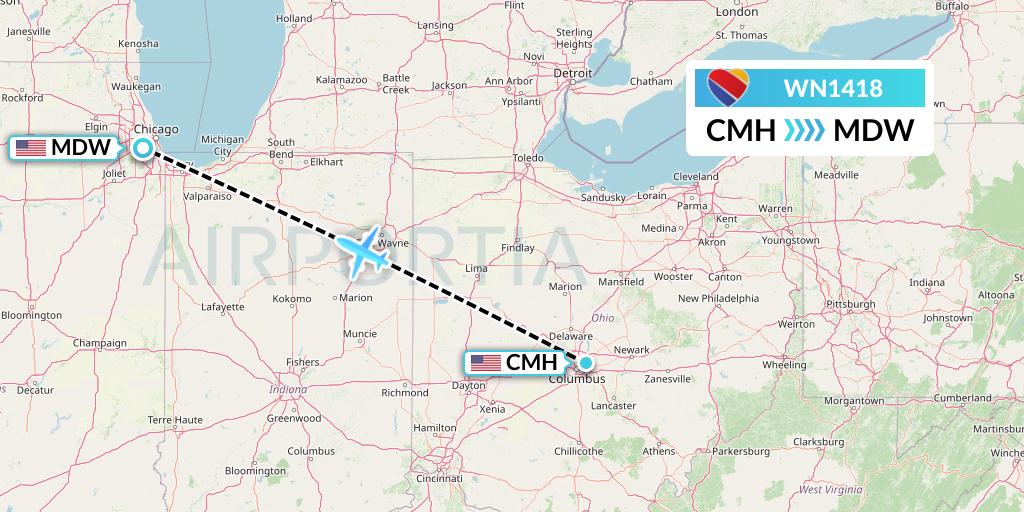 WN1418 Southwest Airlines Flight Map: Columbus to Chicago