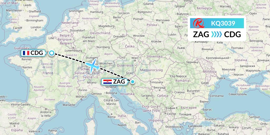 KQ3039 Kenya Airways Flight Map: Zagreb to Paris