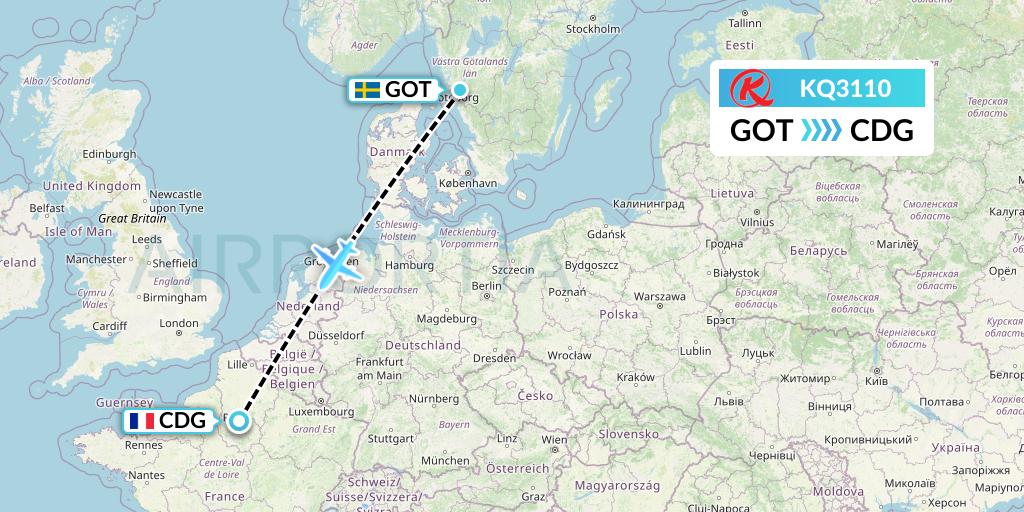 KQ3110 Kenya Airways Flight Map: Gothenburg to Paris