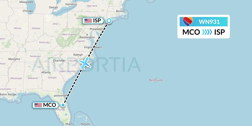WN931 Southwest Airlines Flight Map: Orlando to Islip