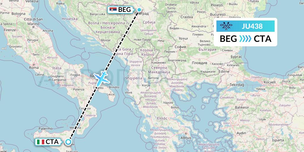 JU438 AirSERBIA Flight Map: Belgrade to Catania