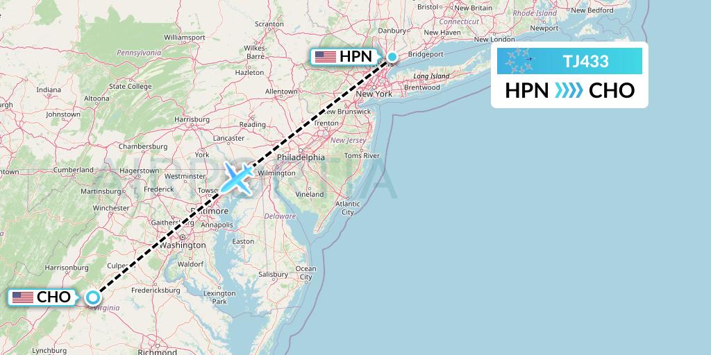 TJ433 Tradewind Aviation Flight Map: White Plains to Charlottesville