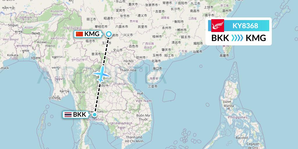 KY8368 Kunming Airlines Flight Map: Bangkok to Kunming