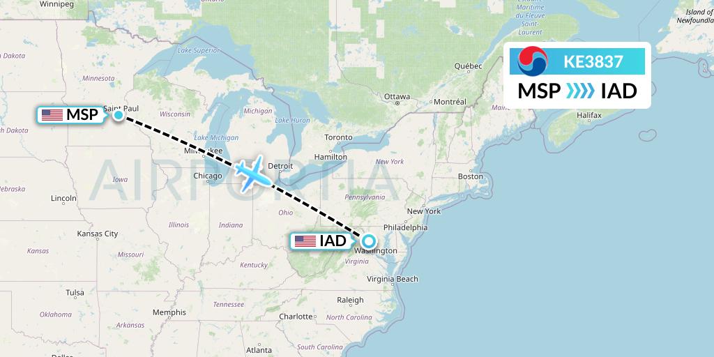 KE3837 Korean Air Flight Map: Minneapolis to Washington
