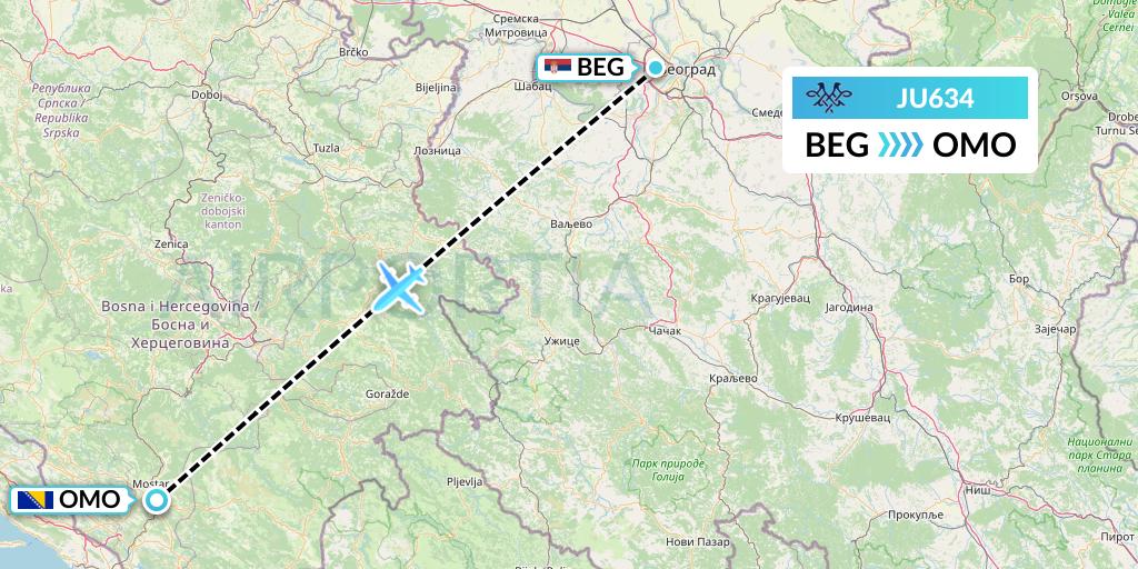 JU634 AirSERBIA Flight Map: Belgrade to Mostar