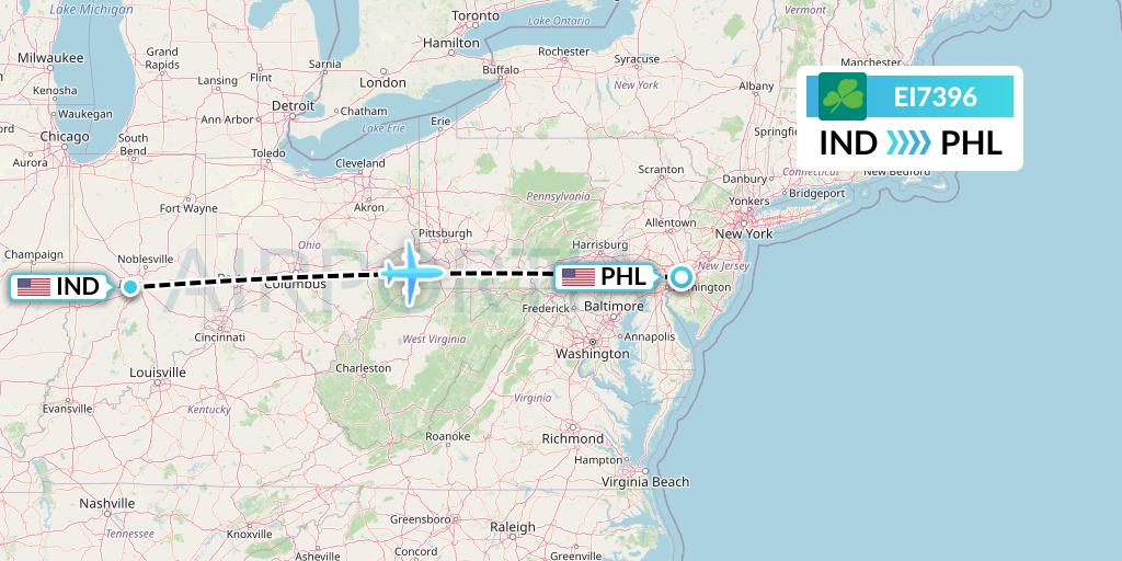 EI7396 Aer Lingus Flight Map: Indianapolis to Philadelphia