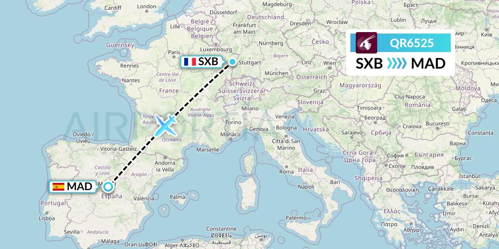 QR6525 Qatar Airways Flight Map: Strasbourg to Madrid