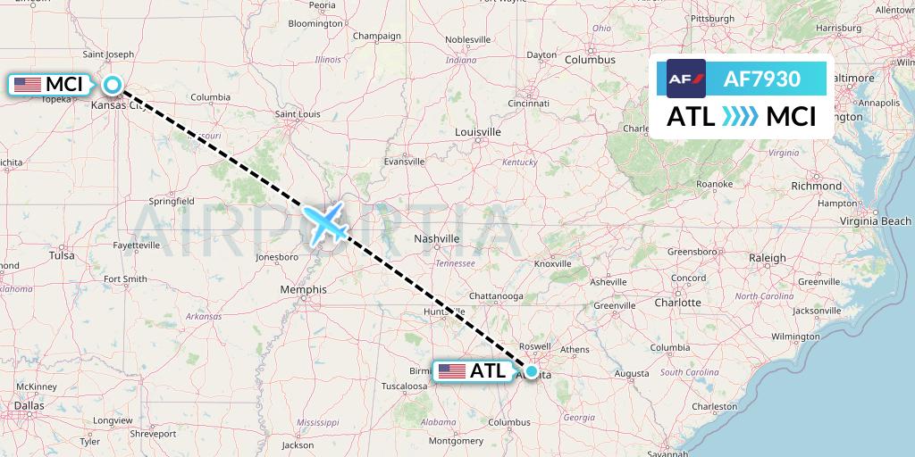 AF7930 Air France Flight Map: Atlanta to Kansas City