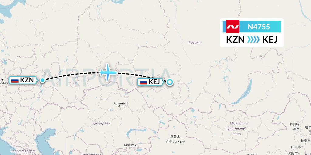 N4755 Nordwind Airlines Flight Map: Kazan to Kemerovo