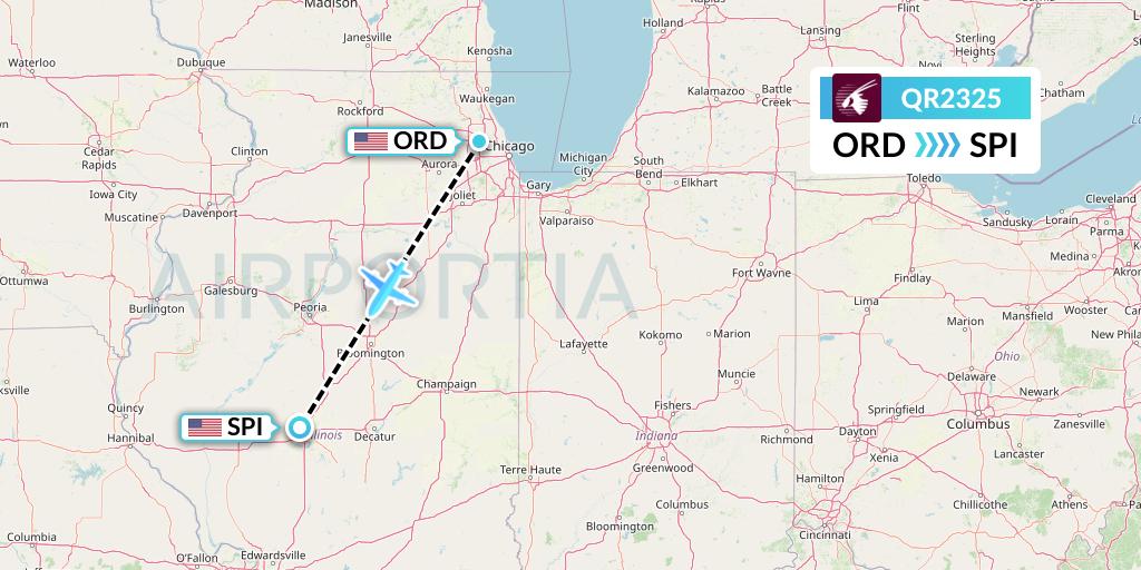 QR2325 Qatar Airways Flight Map: Chicago to Springfield