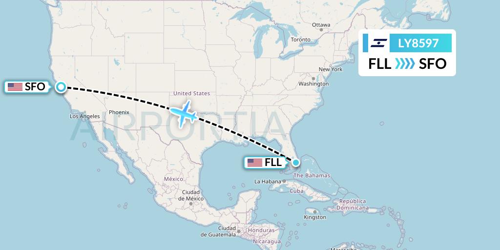 LY8597 El Al Flight Map: Fort Lauderdale to San Francisco