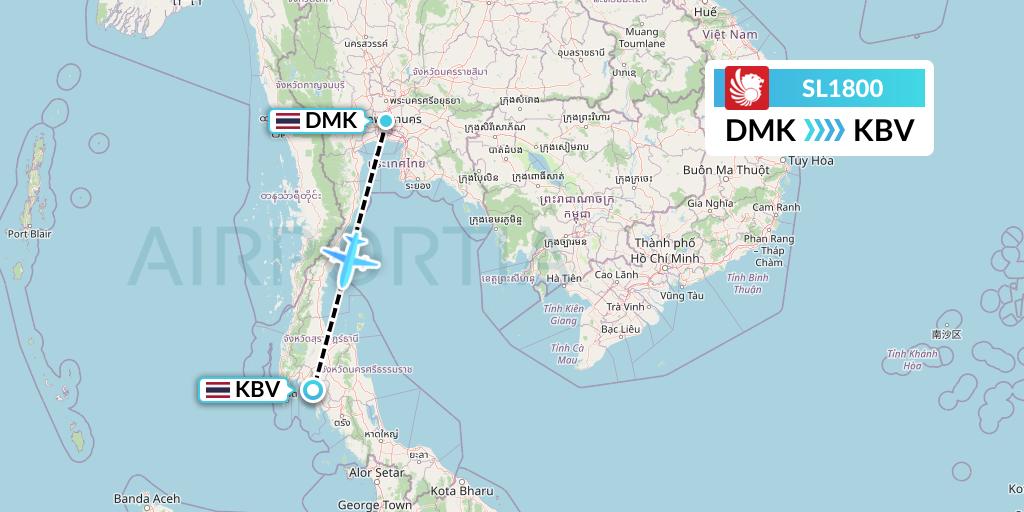 SL1800 Thai Lion Air Flight Map: Bangkok to Krabi