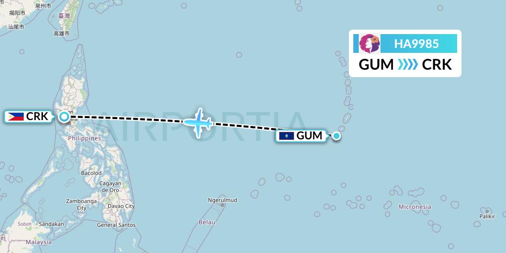 HA9985 Hawaiian Airlines Flight Map: Guam to Angeles City