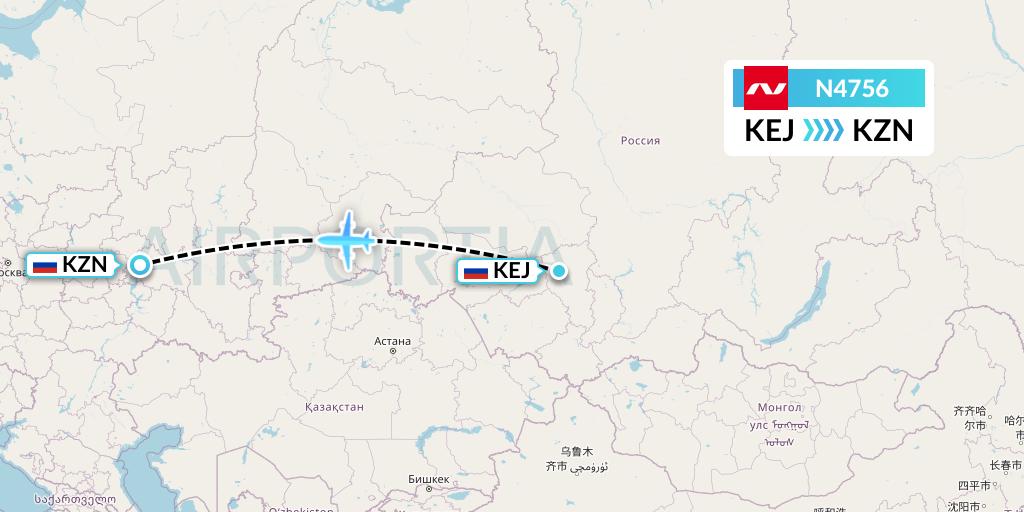 N4756 Nordwind Airlines Flight Map: Kemerovo to Kazan