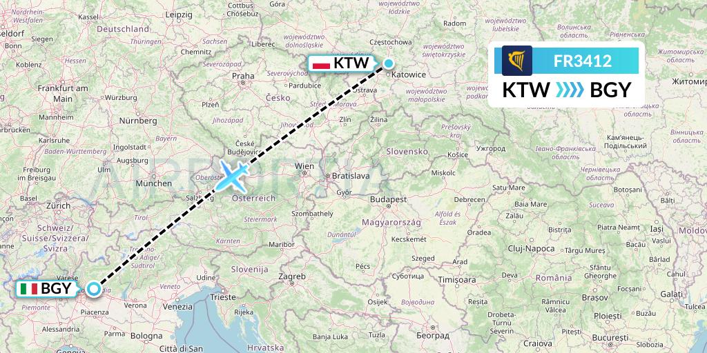 FR3412 Ryanair Flight Map: Katowice to Milan