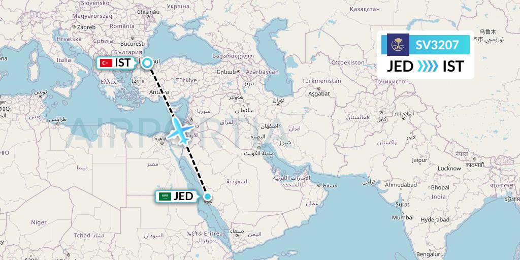 SV3207 Saudi Arabian Airlines Flight Map: Jeddah to Istanbul