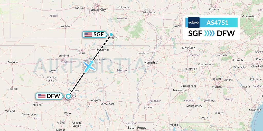 AS4751 Alaska Airlines Flight Map: Springfield to Dallas