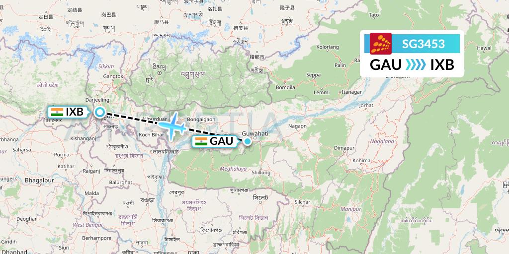 SG3453 SpiceJet Flight Map: Guwahati to Siliguri