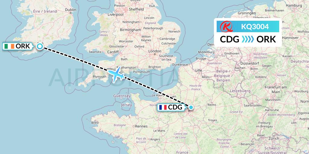 KQ3004 Kenya Airways Flight Map: Paris to Cork