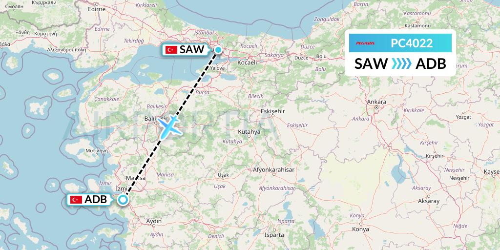 PC4022 Pegasus Airlines Flight Map: Istanbul to Izmir
