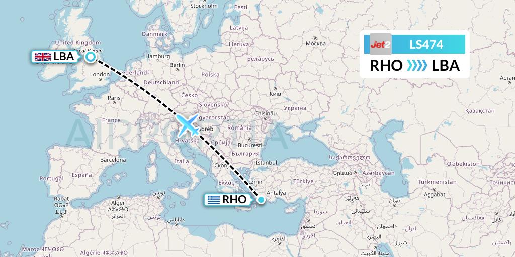 LS474 Jet2 Flight Map: Rhodes to Leeds